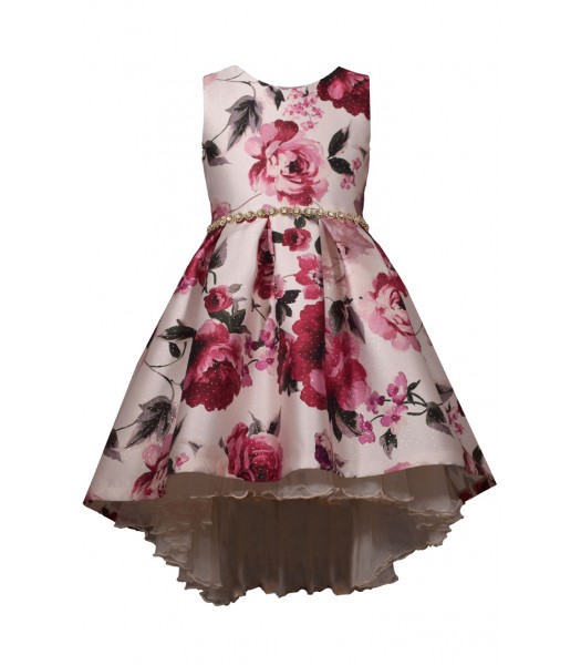 Bonnie Jean Ivory Multi Floral Mikado Hi Low  Jewelled Waist  Pleated Dress